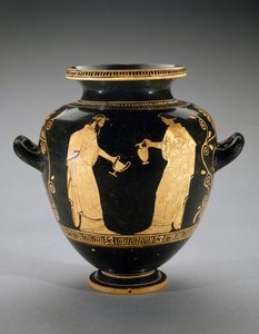 Rood-figuur Stamnos met scène van Dionysus met dienstmeid