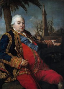 Portret van Pierre Andre de Suffren de Saint Tropez, baljuw van Suffren (1729-1788), viceadmiraal, in groot uniform van marineofficier door Pompeo Girolamo Batoni