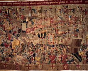 Verovering van Afrika: De verovering van Asilah (Arzila) in Marokko in 1471 door de Portugese vloot (fragment van een tapijt van de 16e eeuwse Portugese school)