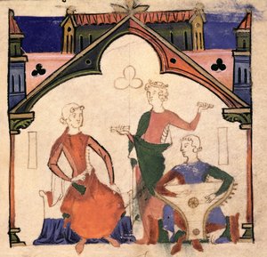 Fol.4r Muzikanten die castagnetten en een psalterium bespelen, uit de Chansonnier des Nobles door Portuguese School
