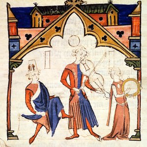 Fol.6r Muzikanten die een altviool en een tamboerijn bespelen, uit de Chansonnier des Nobles