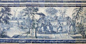 Fruittesten bij een meer in Azië - Azulejos, geschilderd faience