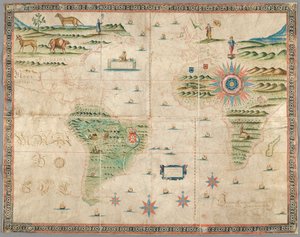 Kaart van West-Europa, Afrika en Amerika, met tekeningen van bergen, dieren, enz. Joseph da Costa e Miranda