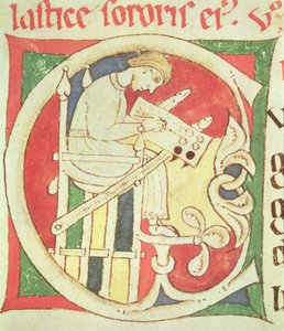 Ms 22 fol.139r Geïllustreerde initiaal C die een monnik toont die schrijft, uit Vitae Sanctorum, Santa Cruz de Coimbra door Portuguese School
