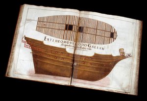 Scheepsbouw: pagina uit het architectonische verdrag (Livro de Tracas de Carpintaria) door Manuel Fernandez: het snijden van een schip
