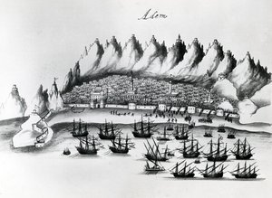 Portugese Aanval op Aden, illustratie uit Legends of India door Gaspar Correia, ca.1858