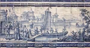 Scène aan de oever van een rivier in Azië - Azulejos, beschilderd aardewerk