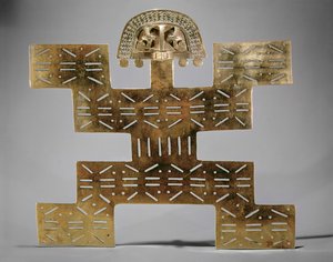 Gegoten Tumbaga borstplaat, van Huaca del Dragon, Caldas, Colombia, Tolima stijl