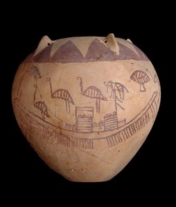 Gebakken kleipot met geschilderde decoratie, inclusief boten en dieren, ca. 3400-3300 v.Chr.