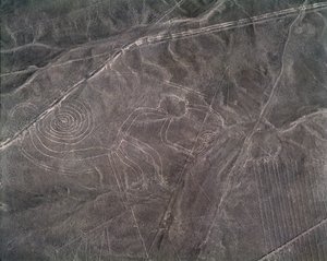 Luchtfoto van een apenfiguur, Nazcalijnen