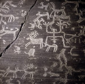 Beschaving van de Camunni, Prehistorie, rotstekeningen: grafsteen, details van de grote rots van Naquane, in Valcamonica (Val camonica). Museo archeologico de Milaan door Prehistoric Prehistoric
