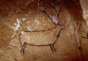 Prehistorie: een hert. Boven-paleolithische grotschildering (Magdalenien) (16.500 en 14.000 jaar geleden). Steentijd. Grot van Las Chimeneas, Monte Castillo, Spanje