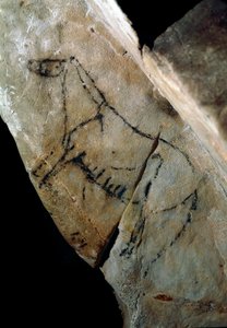 Prehistorie: een paard rotsschildering, stijl IV, Boven-Paleolithicum (Magdalenien)