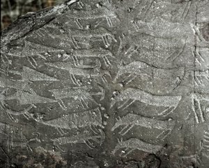 Prehistorie, rotstekeningen: grafrots met voorstellingen van dolken en ossen door Prehistoric Prehistoric