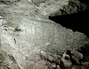 Prehistorie, rotstekeningen: gravure van twee paar ossen die een kar trekken door Prehistoric Prehistoric