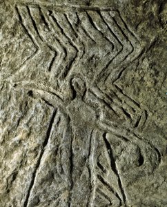 Prehistorie, rotstekeningen: petroglyph (graffiti op steen) van een voorstelling van een menselijke figuur. Neolithicum, Steentijd. (Azerbeidzjan) Bronstijd. Bakoe, Azerbeidzjan Staatsreligie Geschiedenis Museum
