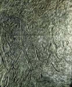 Prehistorie, rotstekeningen: petroglyf (graffiti op steen) van menselijke figuren. Neolithicum, Steentijd. (Azerbeidzjan) Bronstijd. Bakoe, Azerbeidzjan Staatsreligie Geschiedenis Museum door Prehistoric Prehistoric
