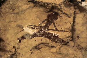 Rotstekeningen: vrouw jager. Prehistorie, Boven-Paleolithicum. Tio Garroso Grot, Spanje. door Prehistoric Prehistoric