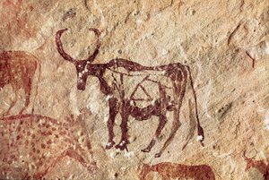 Rotsschildering: voorstelling van een hert. Grot van Tadrart Acacus, Libië door Prehistoric Prehistoric