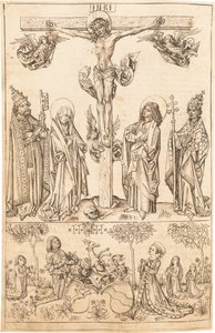 De kruisiging met de Maagd en heiligen en de Hungerstein-familie door Primary Master of the Strassburg Chronicle