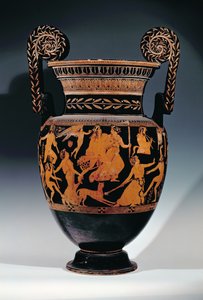 Attische roodfigurige volute-krater, versierd met een scène van acteurs en muzikanten die zich voorbereiden op een voorstelling, Grieks, uit Ruvo, 5e eeuw v.Chr.