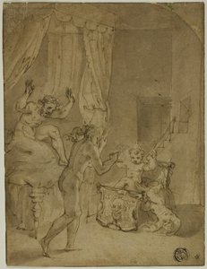 De jonge Hercules wurgt slangen in zijn wieg (recto); Gekroonde vrouw knielend in landschap, en andere schetsen (verso)