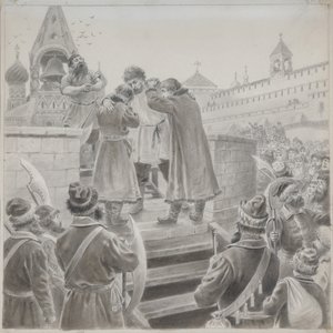 Illustratie bij het gedicht Het Lied van de Koopman Kalashnikov door M. Lermontov door Pyotr Ivanovich Korovin