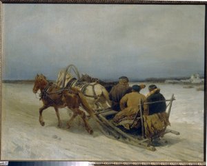 Troika in de winter (Russische slee getrokken door drie paarden)