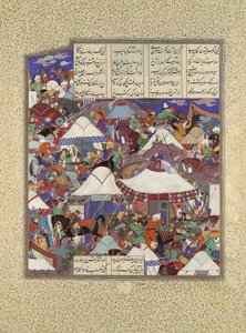 Het dronken Iraanse kamp aangevallen in de nacht, Folio 241r uit de Shahnama, ca. 1525-30 door Qadimi