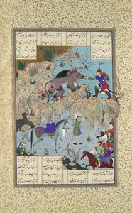 Bahram Chubina doodt de leeuw-aap, Folio 715v uit het Shahnama Boek der Koningen, ca. 1530-35 door Qasim ibn 
