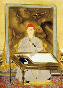 Heng Tsu of Kangxi, Keizer van China aan zijn schrijftafel door Qing Dynasty   Kangxi Period Chinese School