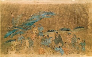 De Chinese filosoof Confucius omringd door zijn discipelen door Qing Dynasty Chinese School