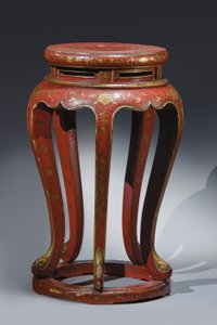 Jardinière (gelakt in rood met gouden, bruine en groene details) door Qing Dynasty Chinese School
