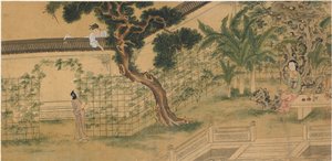 Scène uit het toneelstuk Romance of the West Chamber, door Wang Shifu, 16e eeuw door Qiu Ying