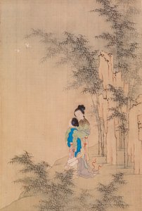 Twee figuren die elkaar omarmen in landschap door Qiu Ying