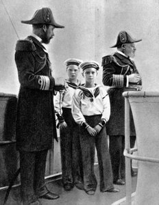Koning Edward VII 1841-1910 met zijn zoon George 1865-1936 en zijn twee oudste kleinzonen, 1908 door Queen Alexandra