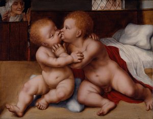 Het Kind Jezus met de jonge Sint Jan de Doper door Quentin (workshop of) Massys or Metsys