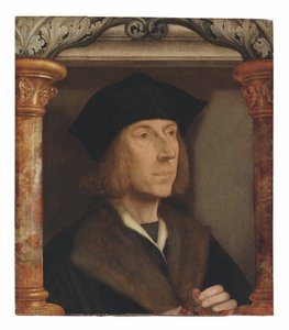 Portret van een heer, buste-lengte, in een bontgevoerde jas, een rozenkrans biddend, geplaatst in een architecturale omlijsting door Quentin Massys or Metsys