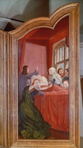 De Heilige Verwantschap, of het altaarstuk van St. Anna, detail van het rechterpaneel dat de dood van St. Anna afbeeldt, 1509 door Quentin Massys or Metsys