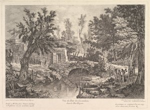 Uitzicht op de Lavandieres-brug bij het boerenhuis, midden 18e eeuw