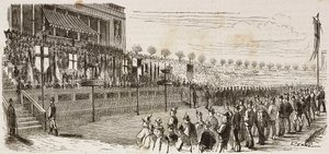 Prijsuitreiking aan winnaars van nationale schietwedstrijd in Milaan, Italië, gravure door Quinto Cenni uit L