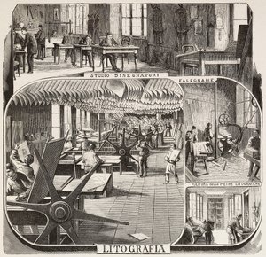 Fratelli Treves uitgeverij: tekenaarsstudie, timmerwerk, schoonmaken van lithografische stenen, lithografie, Milaan, Italië, gravure naar tekening van Quinto Cenni, uit L