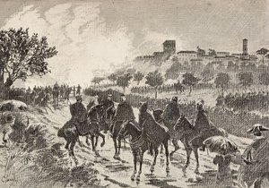 Italiaanse soldaten te paard verplaatsen zich van Copreno naar Cermenate, Italië, gravure naar tekening van Quinto Cenni, uit L