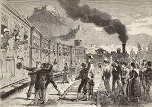 Mannen en vrouwen nemen afscheid van Italiaanse soldaten die vertrekken vanaf het station van Cassino, Italië, gravure naar tekening van Quinto Cenni en schets van M Dal Don, uit L
