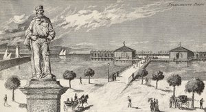 Monument ter nagedachtenis aan Giuseppe Garibaldi (1807-1882), Italiaanse politicus en patriot, en badinrichting op de achtergrond, Cesenatico, Italië door Quinto Cenni