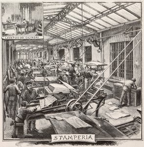Drukkerij in de Fratelli Treves uitgeverij, Milaan, Italië, gravure naar tekening van Quinto Cenni, uit L