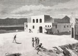 Het gebouw van de Italiaanse Post, Massawa, Eritrea, gravure naar een tekening van Quinto Cenni en een schets van Pieragostini, uit L