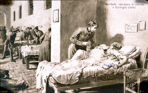 De Italiaanse patriot Giuseppe Garibaldi (1807-1882) als verpleegster, onder de naam Pan-Borel, voor de cholerapatiënten in Marseille in 1836