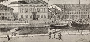Het stadhuis en het havenkanaal, Cesenatico, Italië, gravure naar een tekening van Quinto Cenni en een schets van Ulisse Topi, uit L