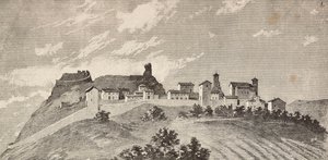 De stad San Giovanni in Galilea, Italië, gravure naar tekening door Quinto Cenni en schets door Ulisse Topi, uit L